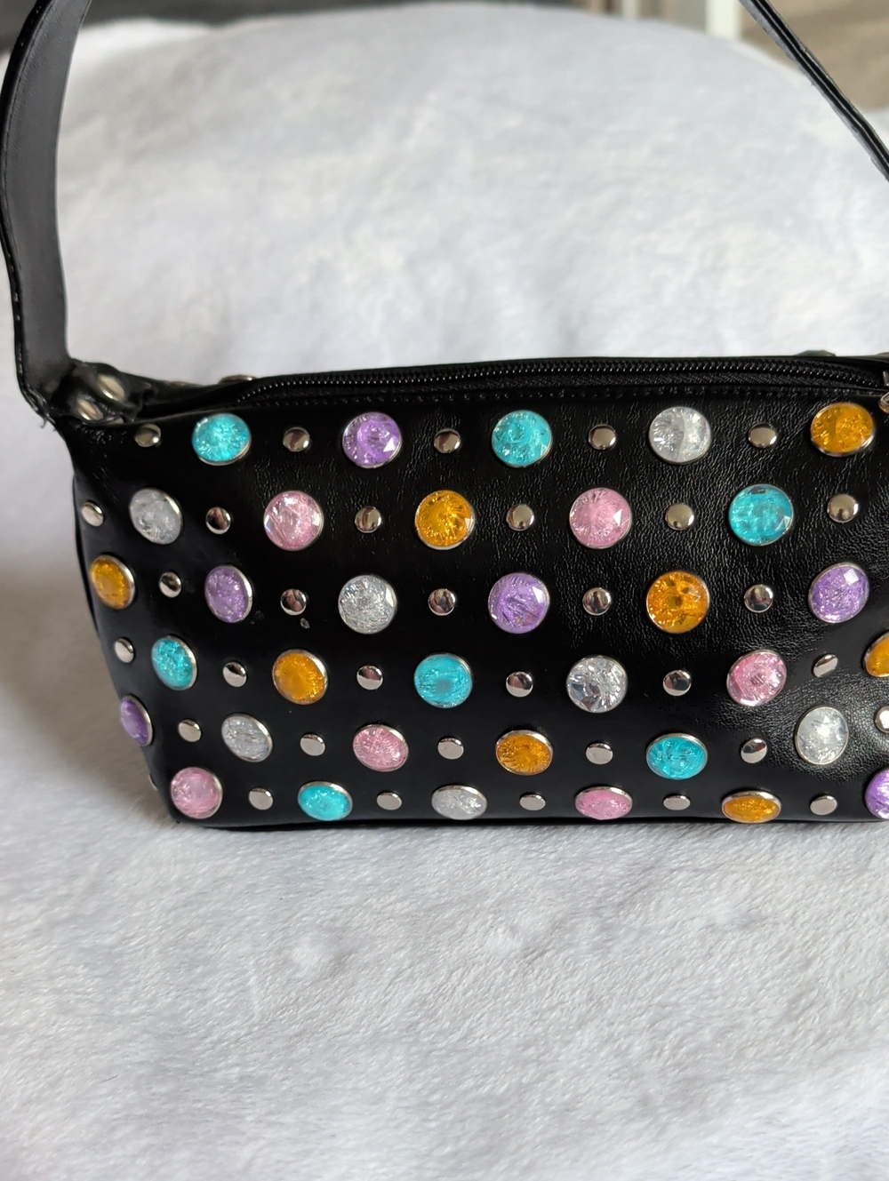 Black Mini Shoulder Bag with Multicolor Gem Studs